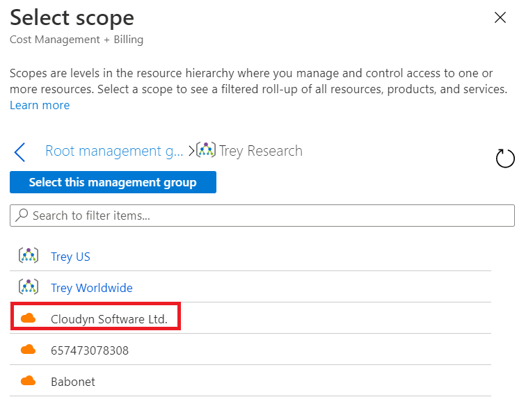 Screenshot showing the Select scope view with AWS linked accounts.