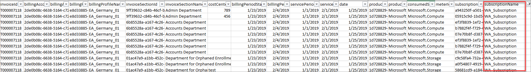 Screenshot that shows the usage and charges file filtered by subscription.