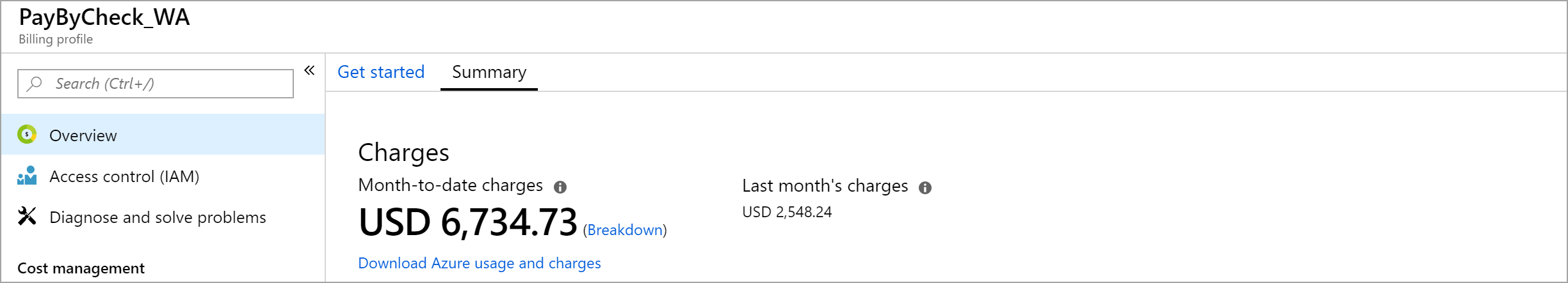 Screenshot showing a billing profile summary.