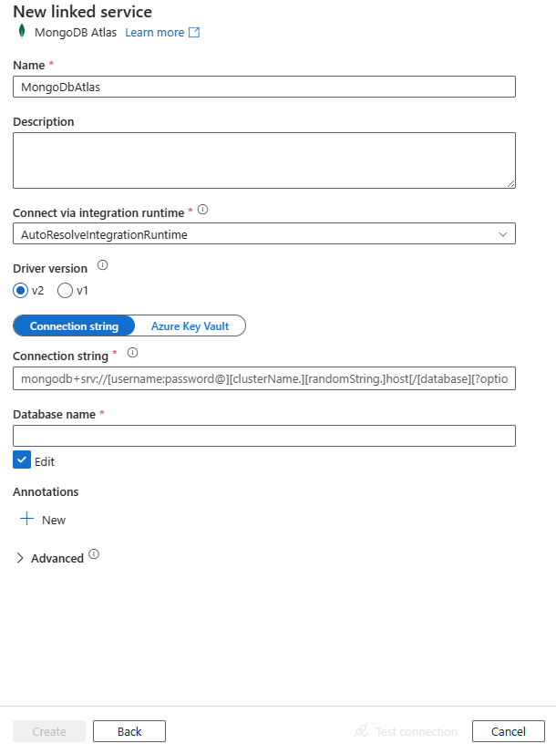 Configure a linked service to MongoDB Atlas.