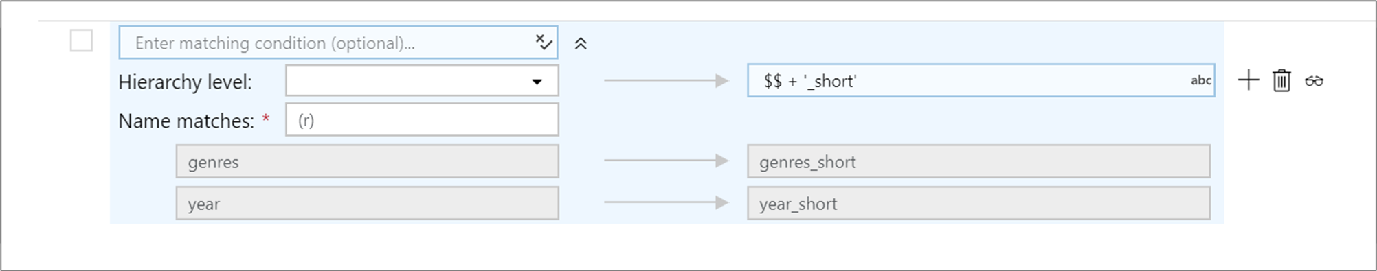 Screenshot shows the regex-mapping condition with Hierarchy level and Name matches.