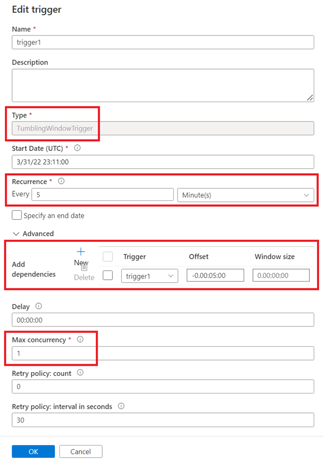 Screenshot of the Edit trigger window with values highlighted to configure the tumbling window trigger.