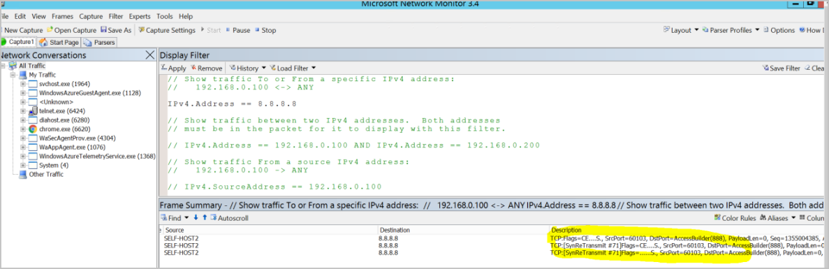 Screenshot showing a description of the Netmon trace.