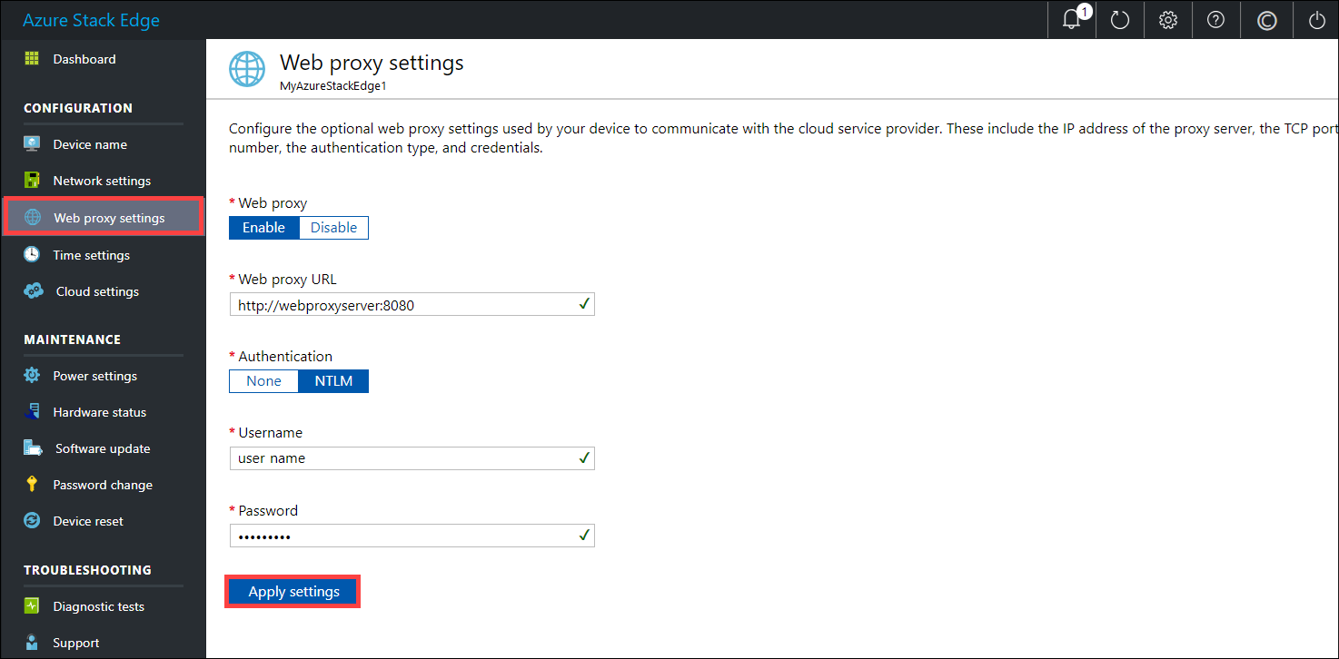 Local web UI "Web proxy settings" page