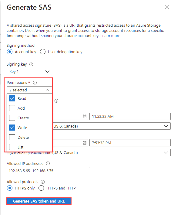 Screenshot of the Generate SAS screen with Read and Write permissions selected