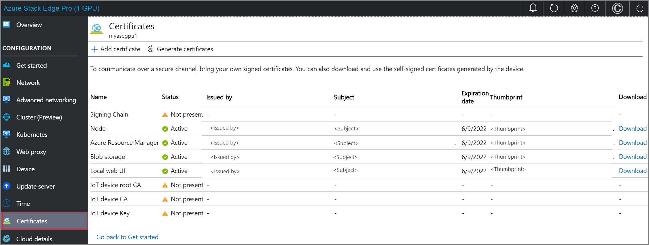 Screenshot of the Certificates page in the local web UI of Azure Stack Edge. The Certificates menu item is highlighted.