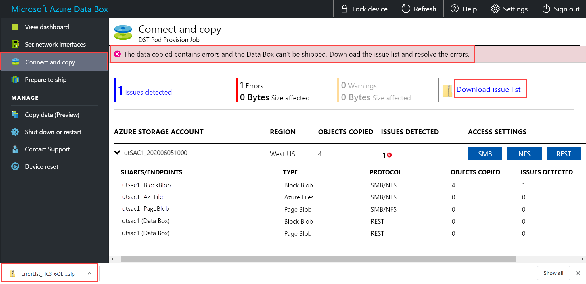 Download the issues list for a copy error