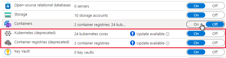 Screenshot that shows Defender for Kubernetes and Defender for container registries plans in a deprecated state, along with upgrade information.