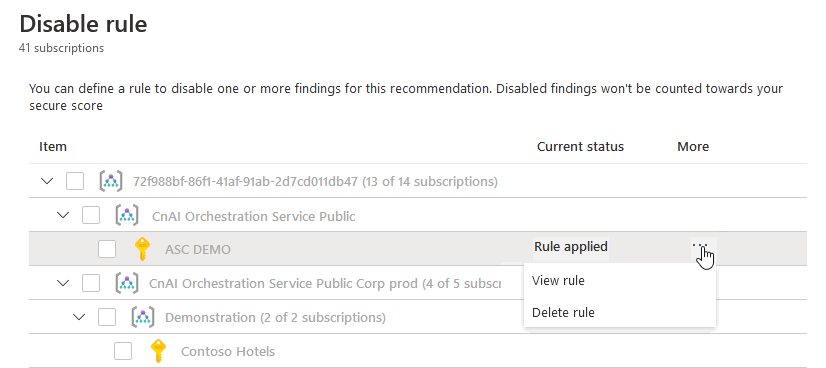 Screenshot showing how to modify or delete an existing rule in the Defender for Cloud portal.