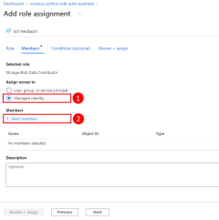 A screenshot showing how to select managed identity as the type of user you want to assign the role (permission) on the add role assignments page.