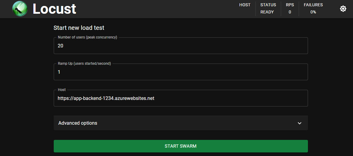 Screenshot that shows the Locust test with values filled in.