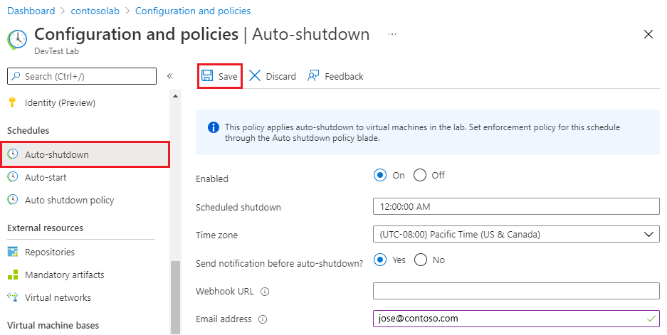 Screenshot showing setting auto shutdown details for a lab.