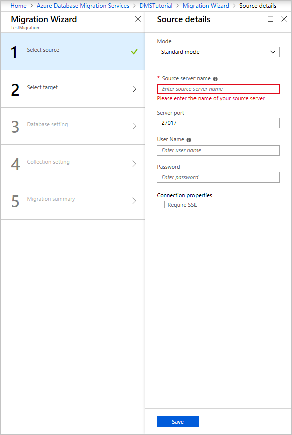 Screenshot that shows specifying source details.