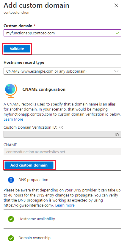 Screenshot of add custom domain page for function app.