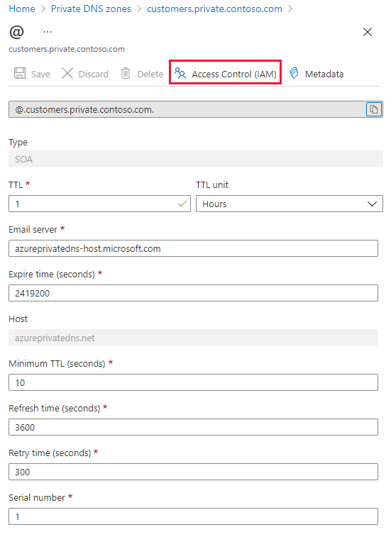 Screenshot of RBAC for private DNS record set.