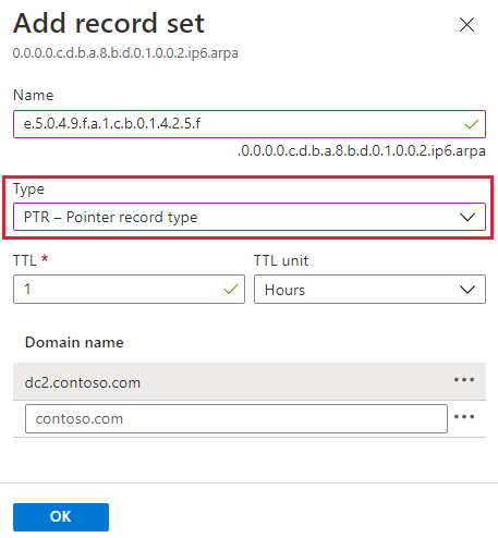 Screenshot of create IPv6 pointer record.