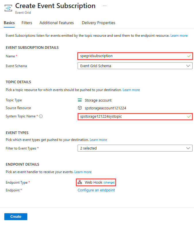 Screenshot showing the Create Event Subscription page with a name for the system topic.