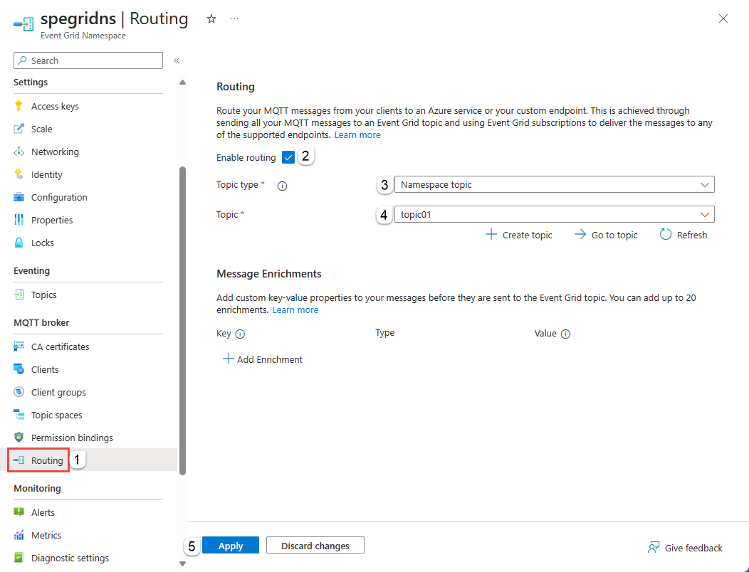 Screenshot that shows the Routing page with the namespace topic selected.