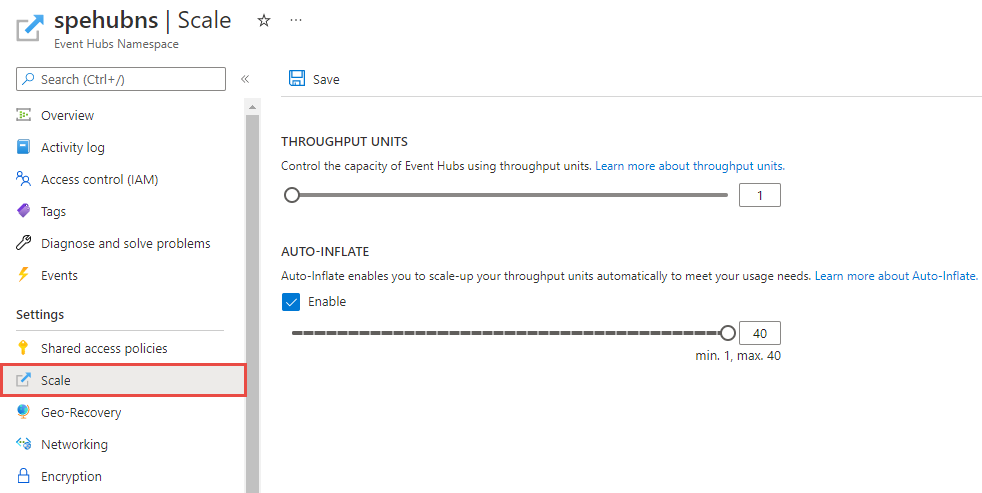 Screenshot of enabling auto inflate for an existing standard namespace