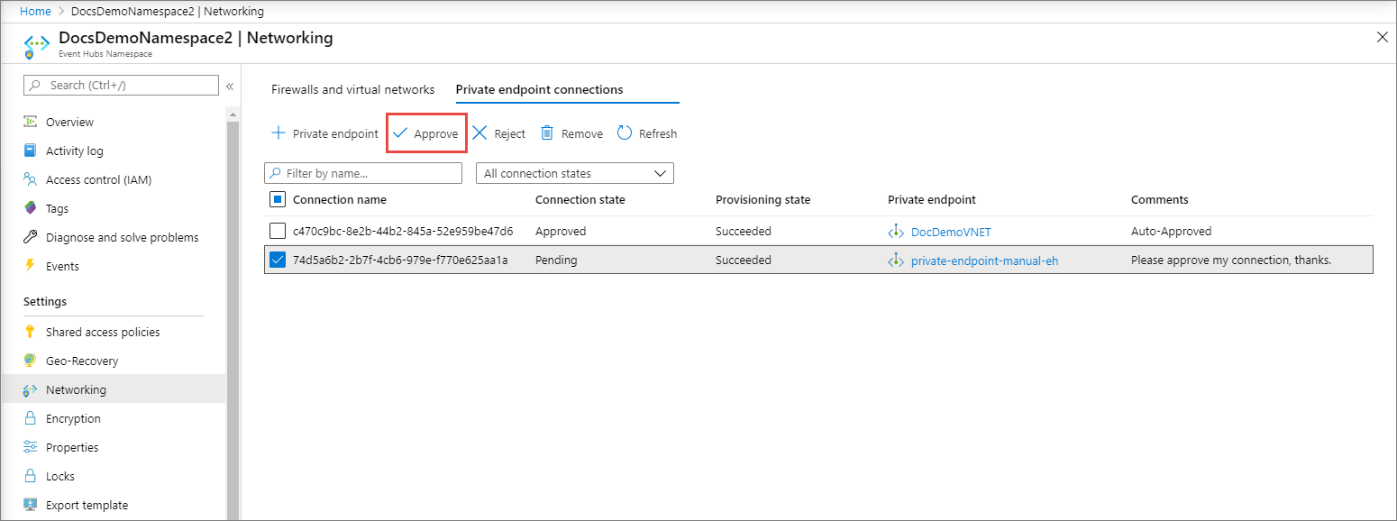 Screenshot that shows the Private endpoint connections tab with the Approve button highlighted.