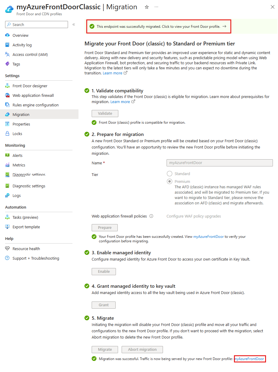 Screenshot of a successful Azure Front Door migration.