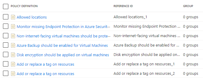 Screenshot of the selected policy definitions with their reference ID and group on the initiative definition page.