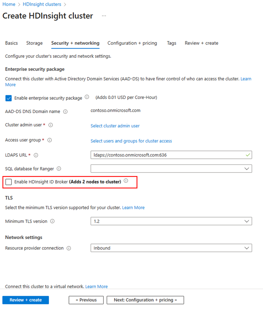 Diagram that shows option to enable HDInsight ID Broker.