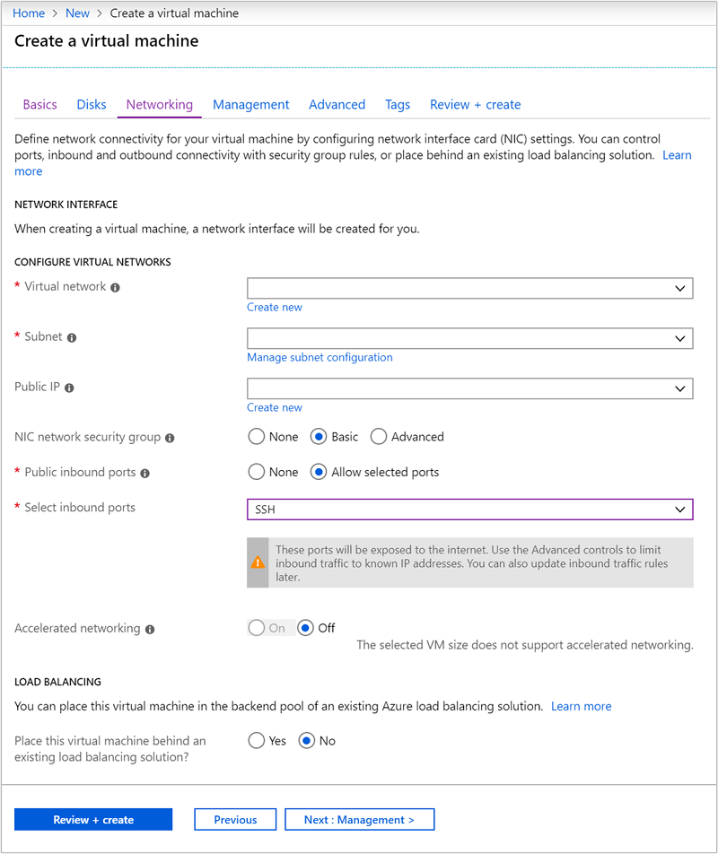 HDInsight Virtual network settings.