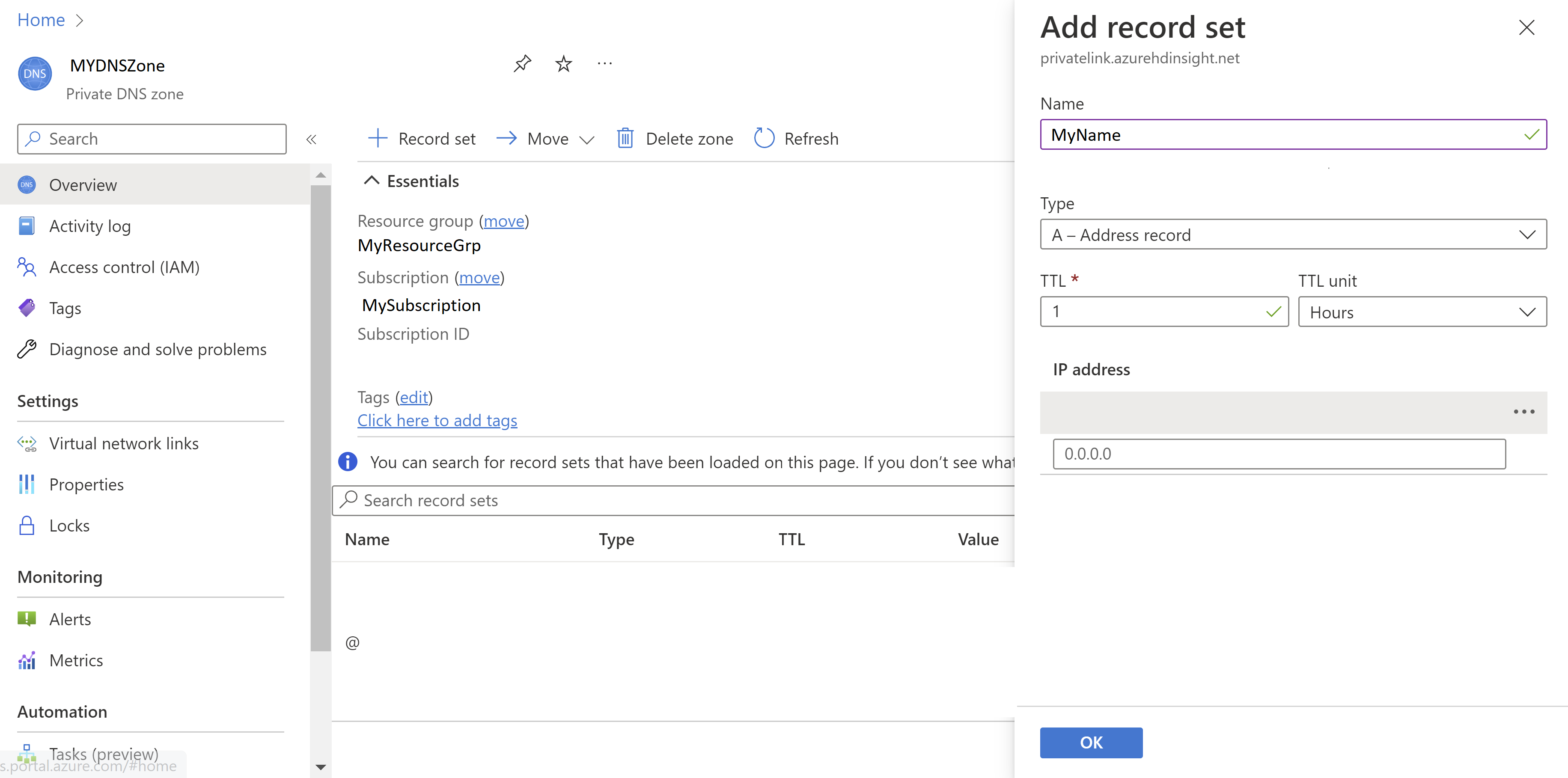 Diagram of private dns zone add record.