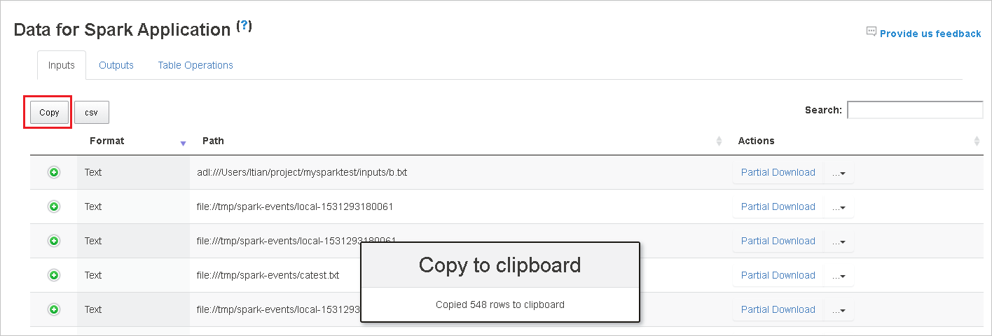 Copy data on the Spark application page.