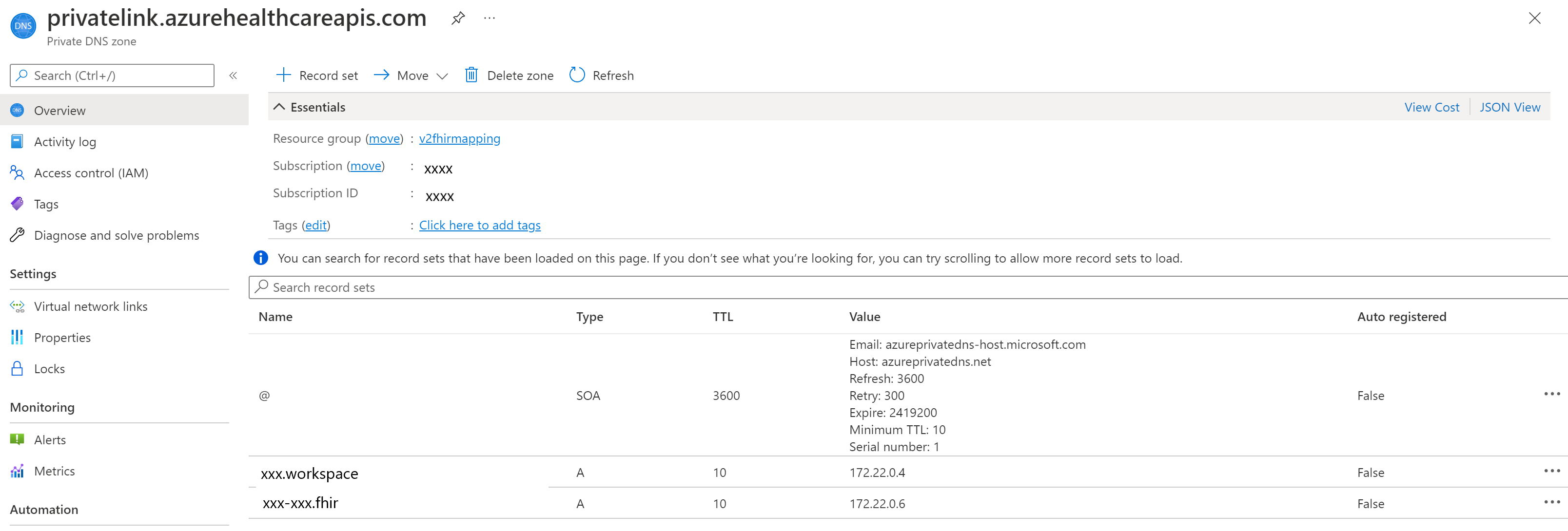 Screenshot showing image of Private Link FHIR Mapping.