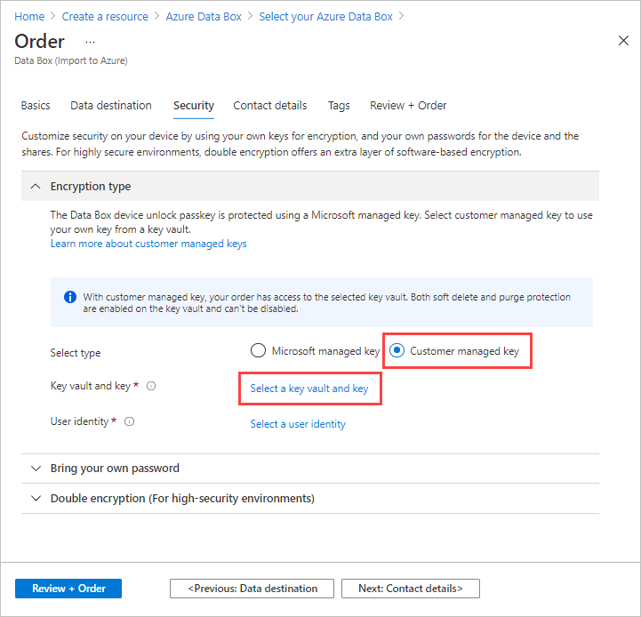 Screenshot of Encryption Type settings on the Security tab for a Data Box order. The 'Select a key and key vault' link is highlighted.