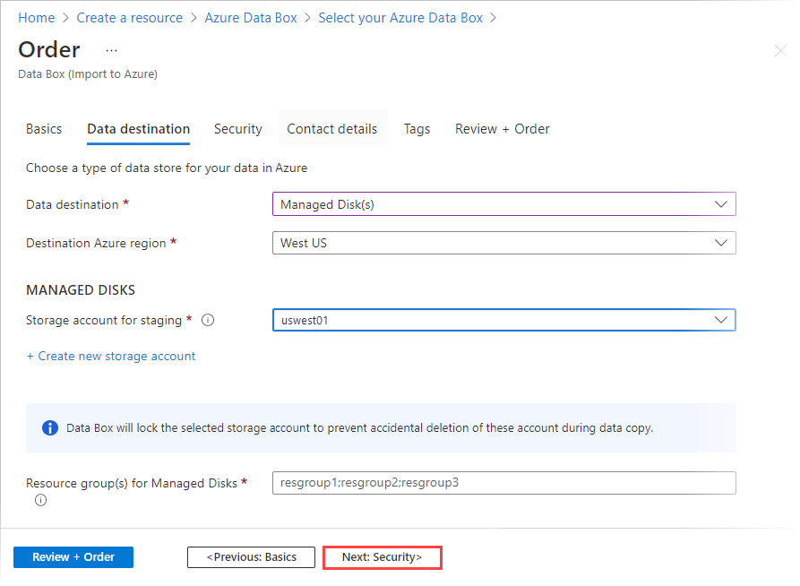 Screenshot of the Data Destination tab for a Data Box order with a Managed Disks destination. The Data Destination tab, Managed Disks, and Next: Security button are highlighted.