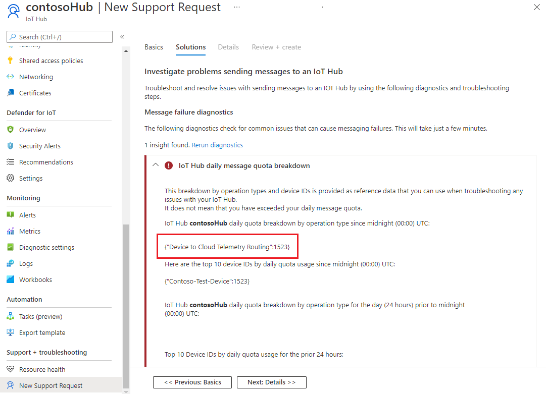 Screenshot that shows quota usage in Azure portal support request.