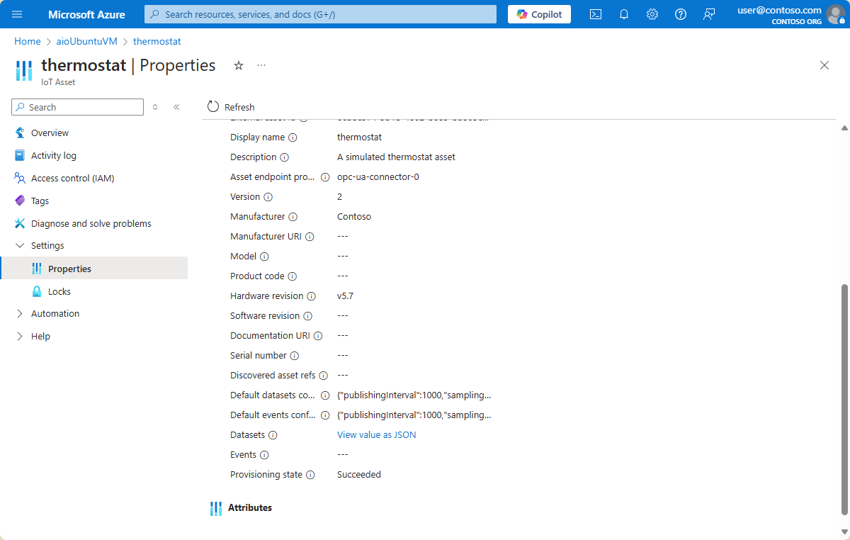 A screenshot that shows the thermostat asset in the Azure portal.