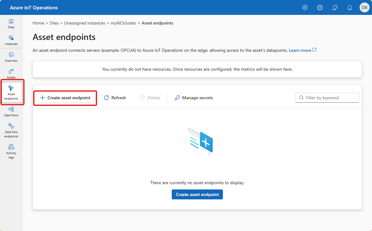 Screenshot that shows the asset endpoints page in the operations experience.