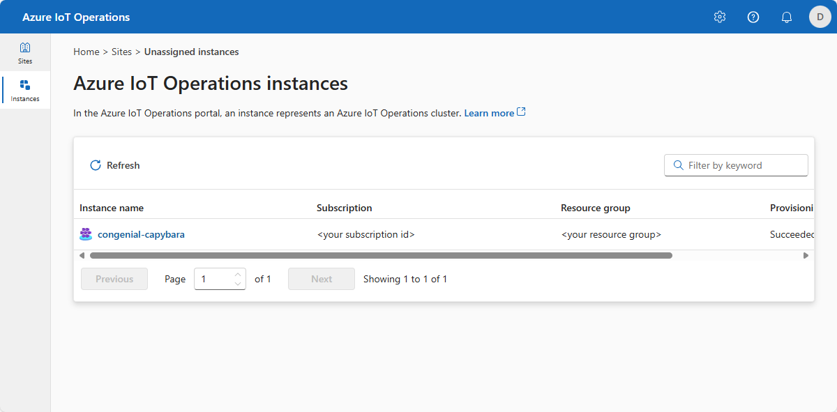 Screenshot of Azure IoT Operations instance list.