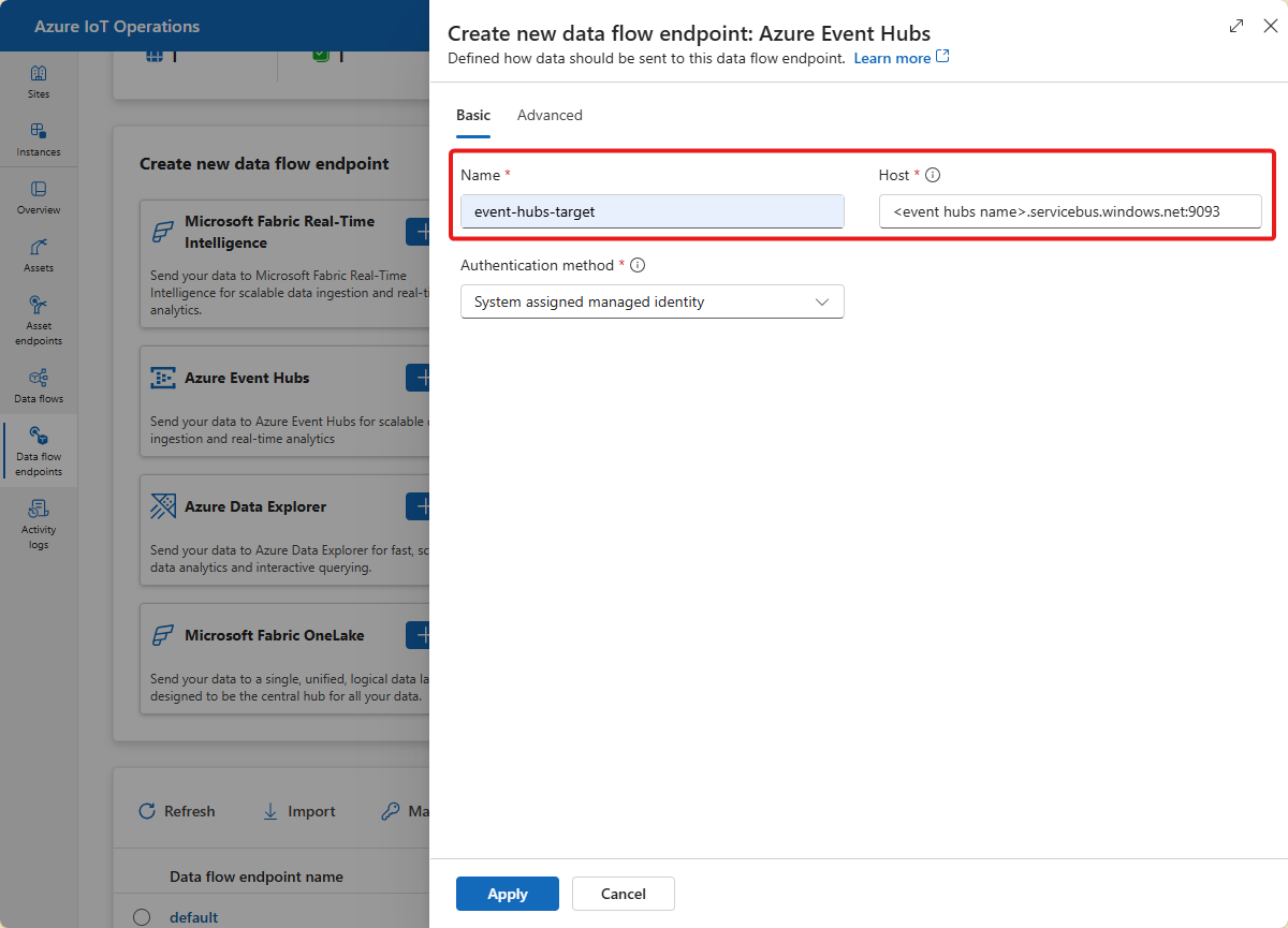 Screenshot of the Create new data flow endpoint: Azure Event Hubs page.