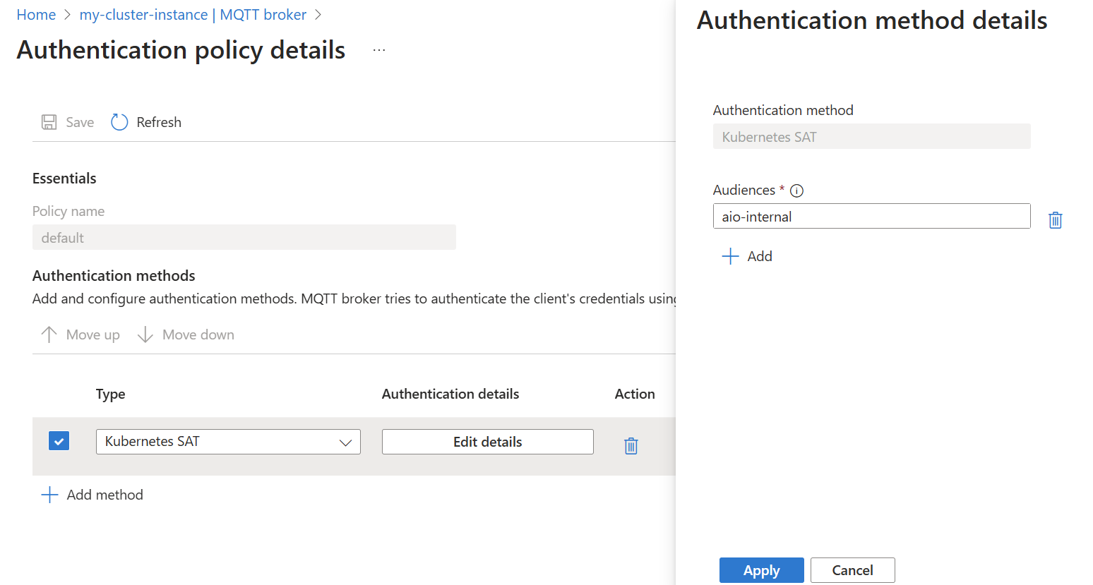 Screenshot that shows using the Azure portal to view the default MQTT broker authentication policy.