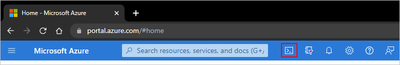 Screenshot shows Azure portal toolbar with selected Cloud Shell options.