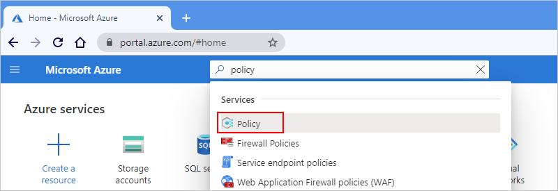 Screenshot showing main Azure portal search box with "policy" entered and "Policy" selected.