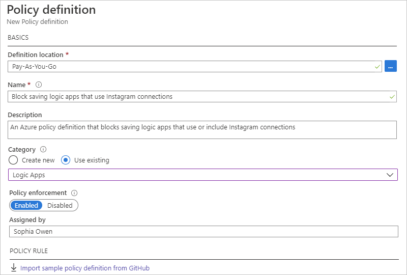 Screenshot showing policy definition properties.