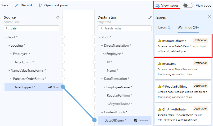 Screenshot showing direct mapping between mismatching data types.