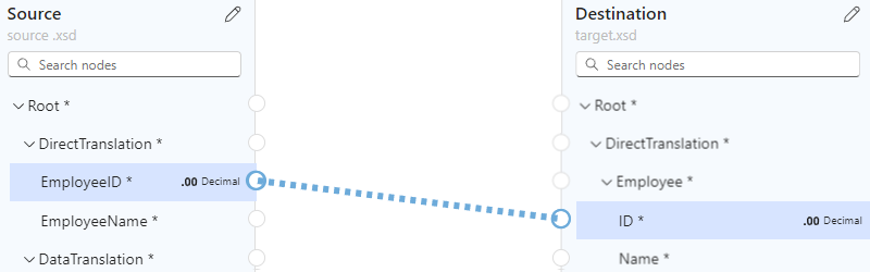 Screenshot showing the data map and ending a mapping between EmployeeID and ID in the source and target schema, respectively.