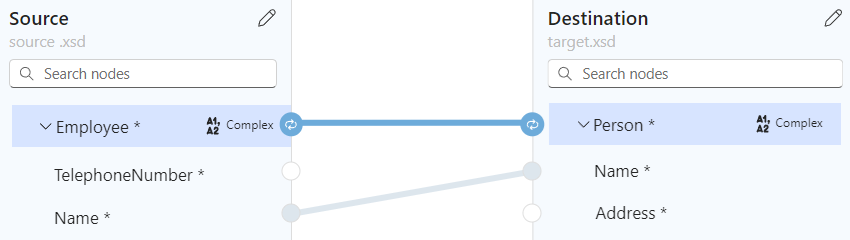 Screenshot showing loop mapping between the Name array items plus the source and target arrays, Employee and Person, respectively.