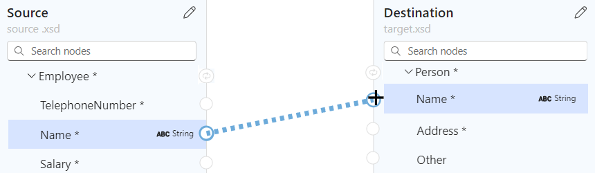 Screenshot showing the data map and drawing a connection between Name array items in the source and target arrays, Employee and Person, respectively.