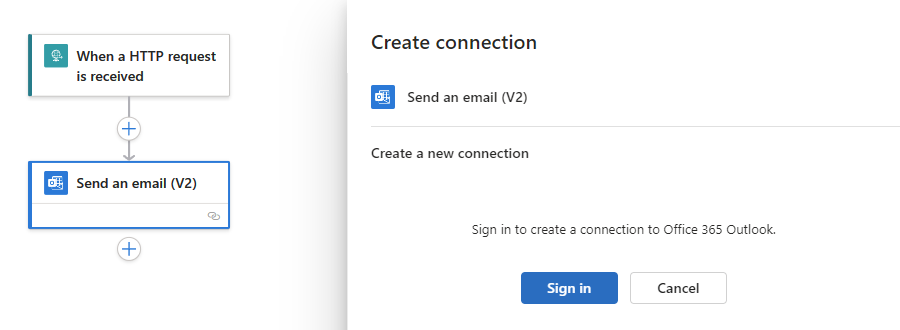 Screenshot showing the designer, the pane named Send an email (V2) with Sign in button.