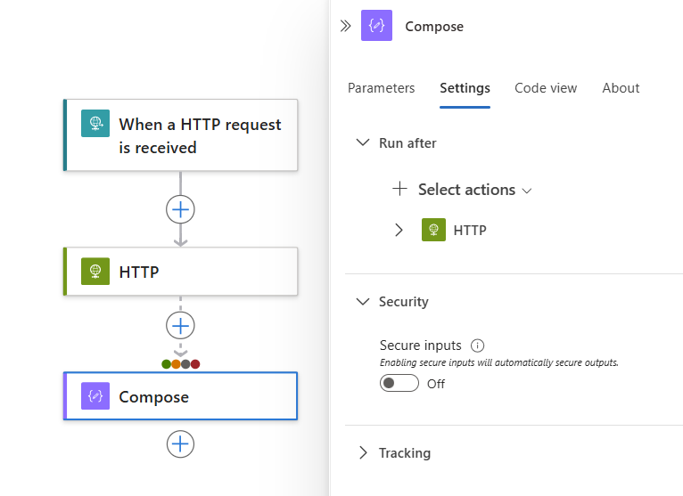 Screenshot shows workflow designer and current action details pane with selected Settings tab.