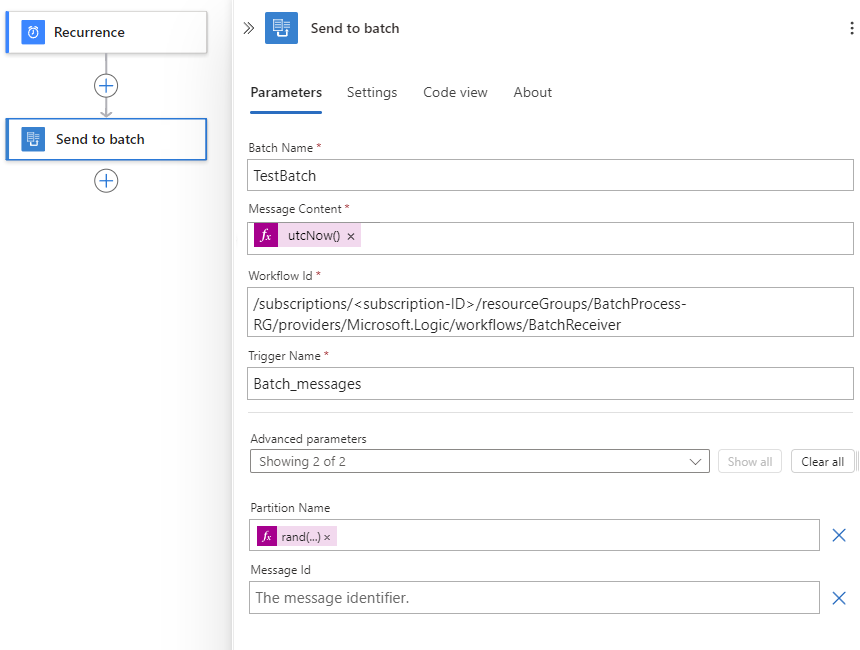 Screenshot shows finished batch sender Standard logic app workflow.