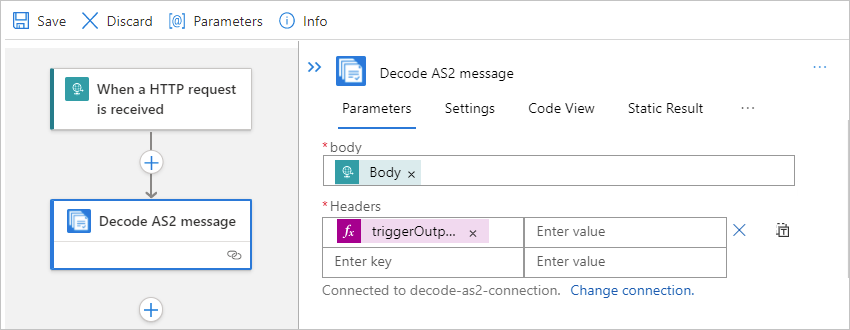 Screenshot showing single-tenant designer and the "Headers" property with the "@triggerOutputs()['Headers']" token.